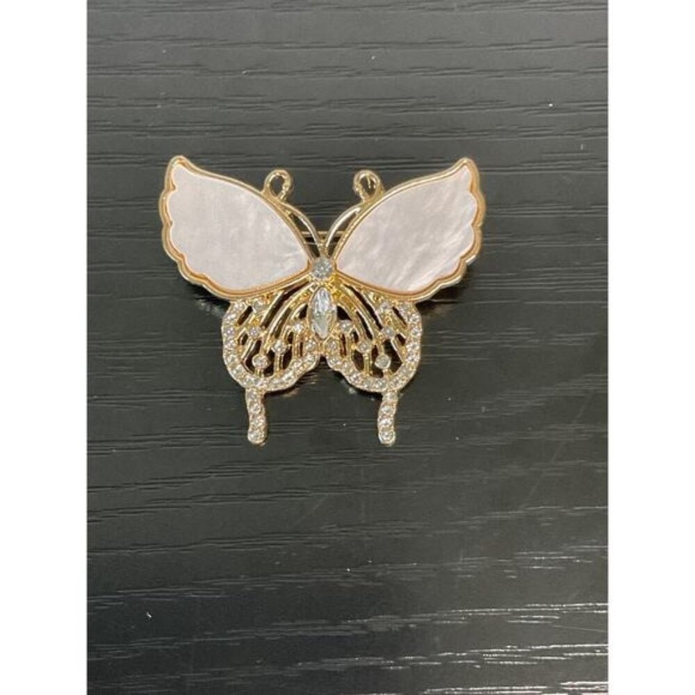 Butterfly-Shaped Gold-Tone Brooch With White Enamel Wings & Rhinestone Accents